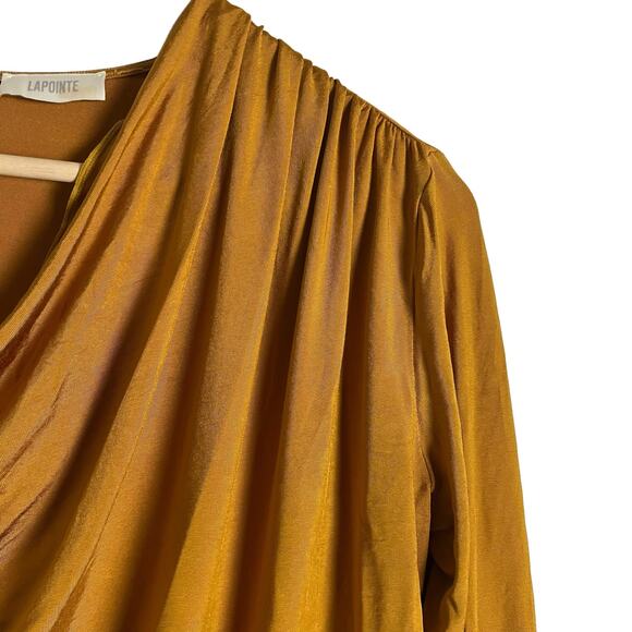 Lapointe Asymmetric Ruched Long-Sleeve Jersey Top Mustard Yellow Size 10 - Picture 10 of 13